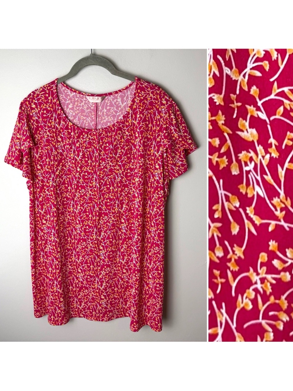 Amana Top Plus Size 1X Short Tiered Sleeves Floral Stretch Dark Pink Gold White